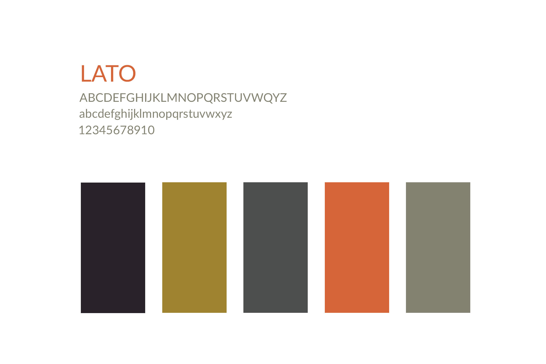 Image showing the font "Lato" with uppercase, lowercase, and numbers. Below are color swatches in black, gold, gray, orange, and olive green against a white background.