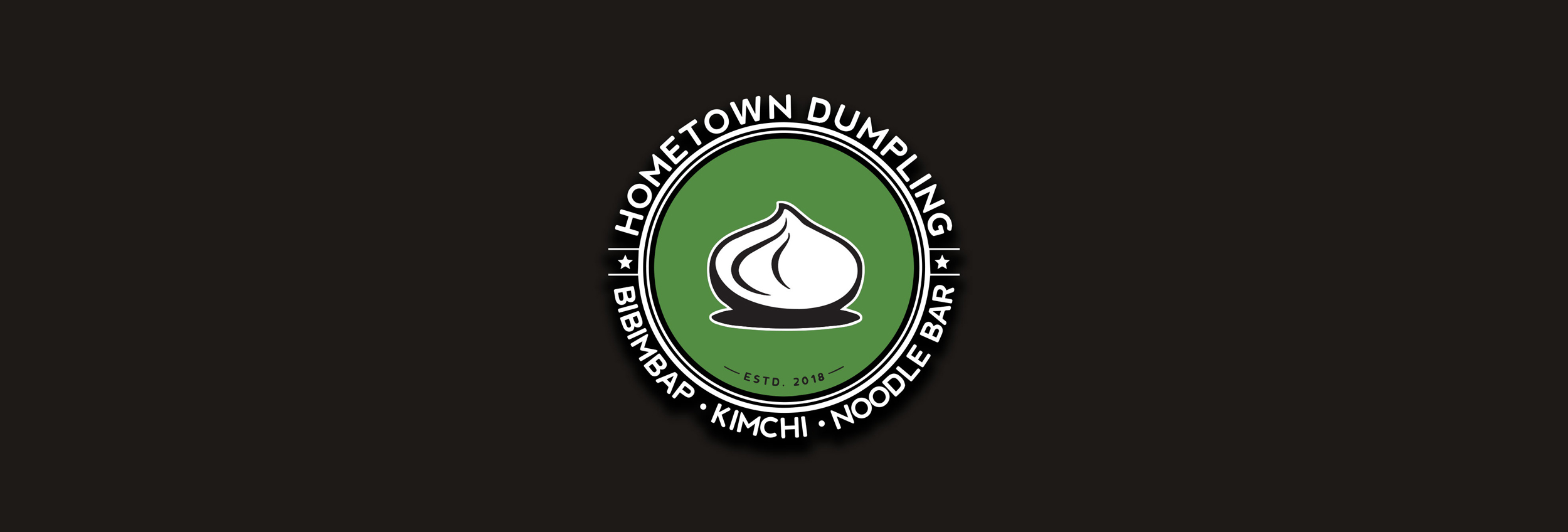 Logo with a green background featuring a white dumpling illustration, encircled by the text "Hometown Dumpling," "Bibimbap," "Kimchi," and "Noodle Bar," with "Estb. 2014" at the bottom.