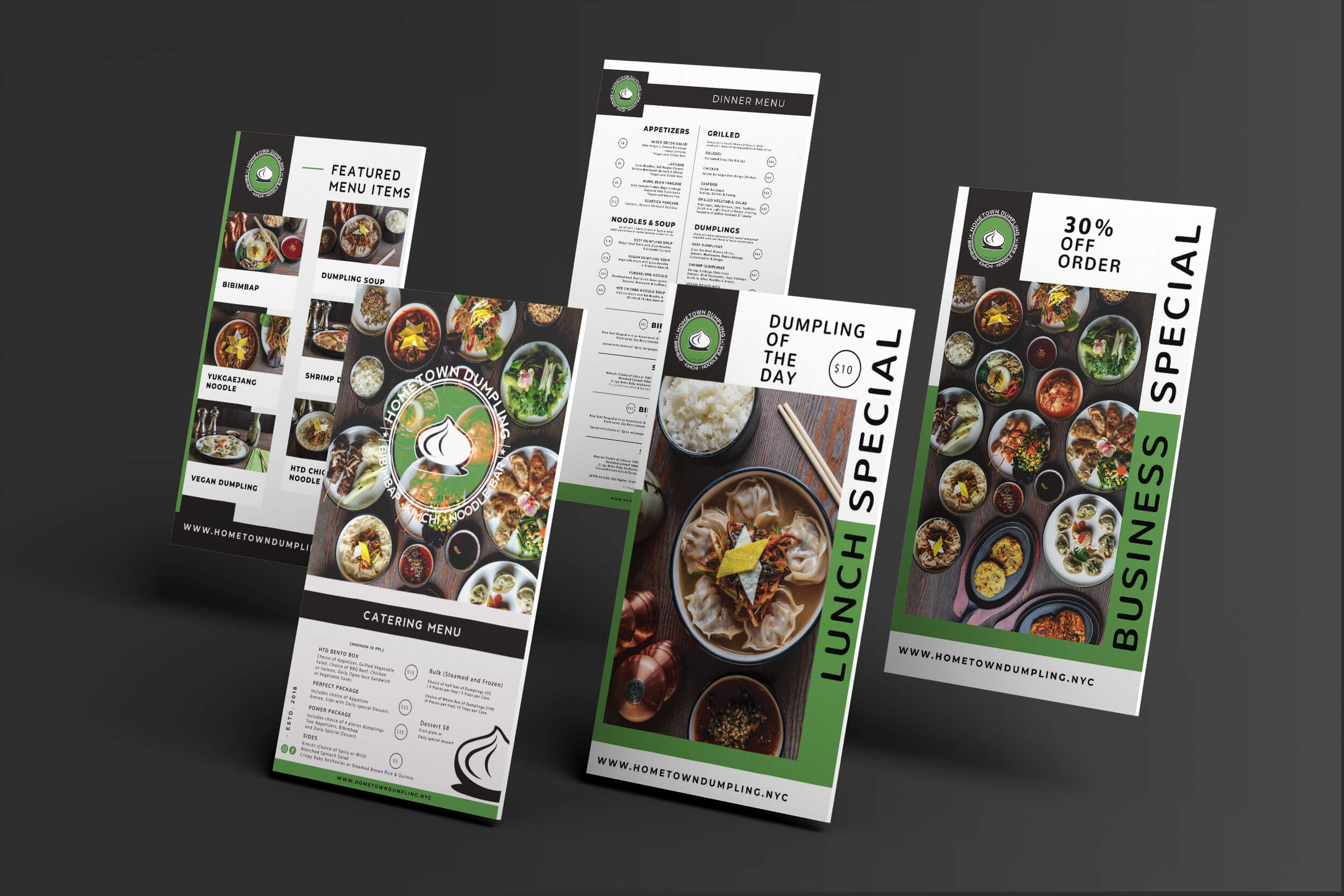 Various green and white restaurant menu flyers featuring images of dishes, with text highlighting specials and offers.