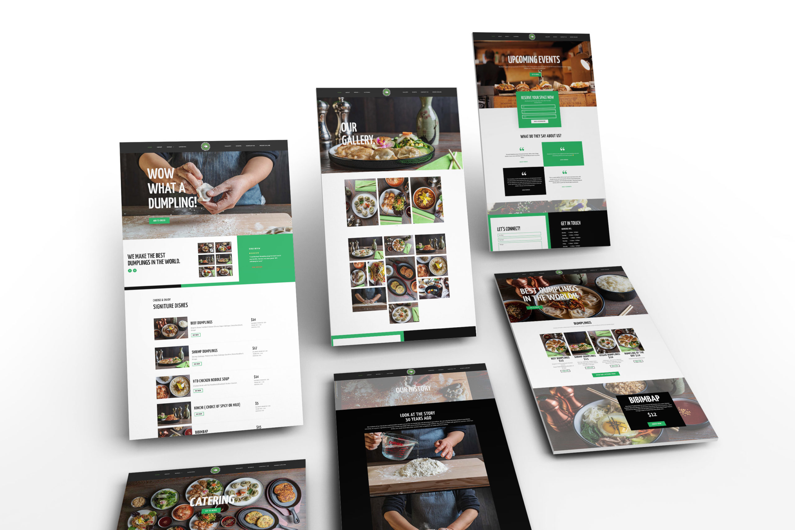 Website design mockups featuring images of food, menu items, and catering details, with a focus on dumplings. The layout includes various sections and green accents.