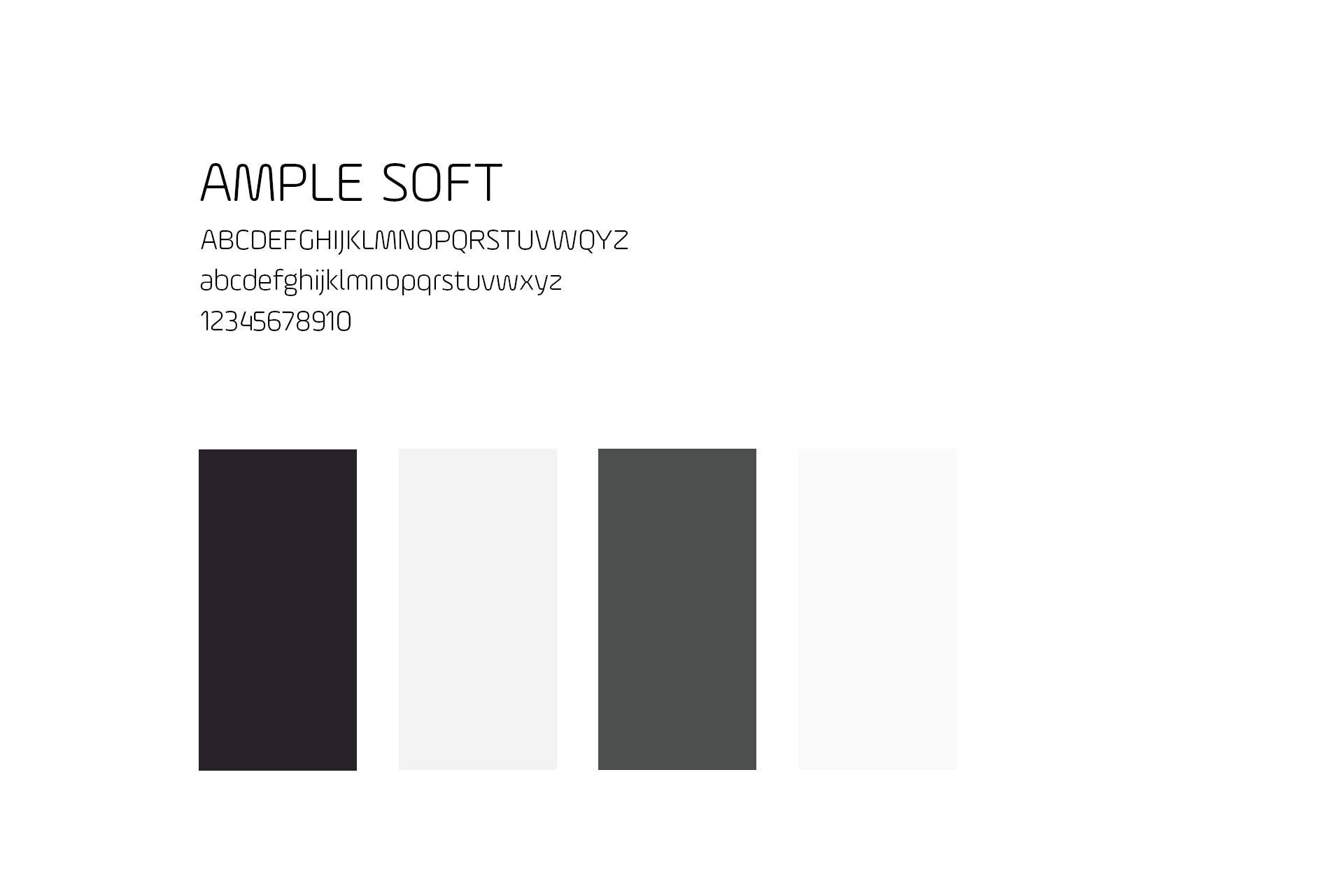Font sample titled "Ample Soft" displayed with uppercase, lowercase letters, numbers, and four color swatches: black, light gray, dark gray, and white.